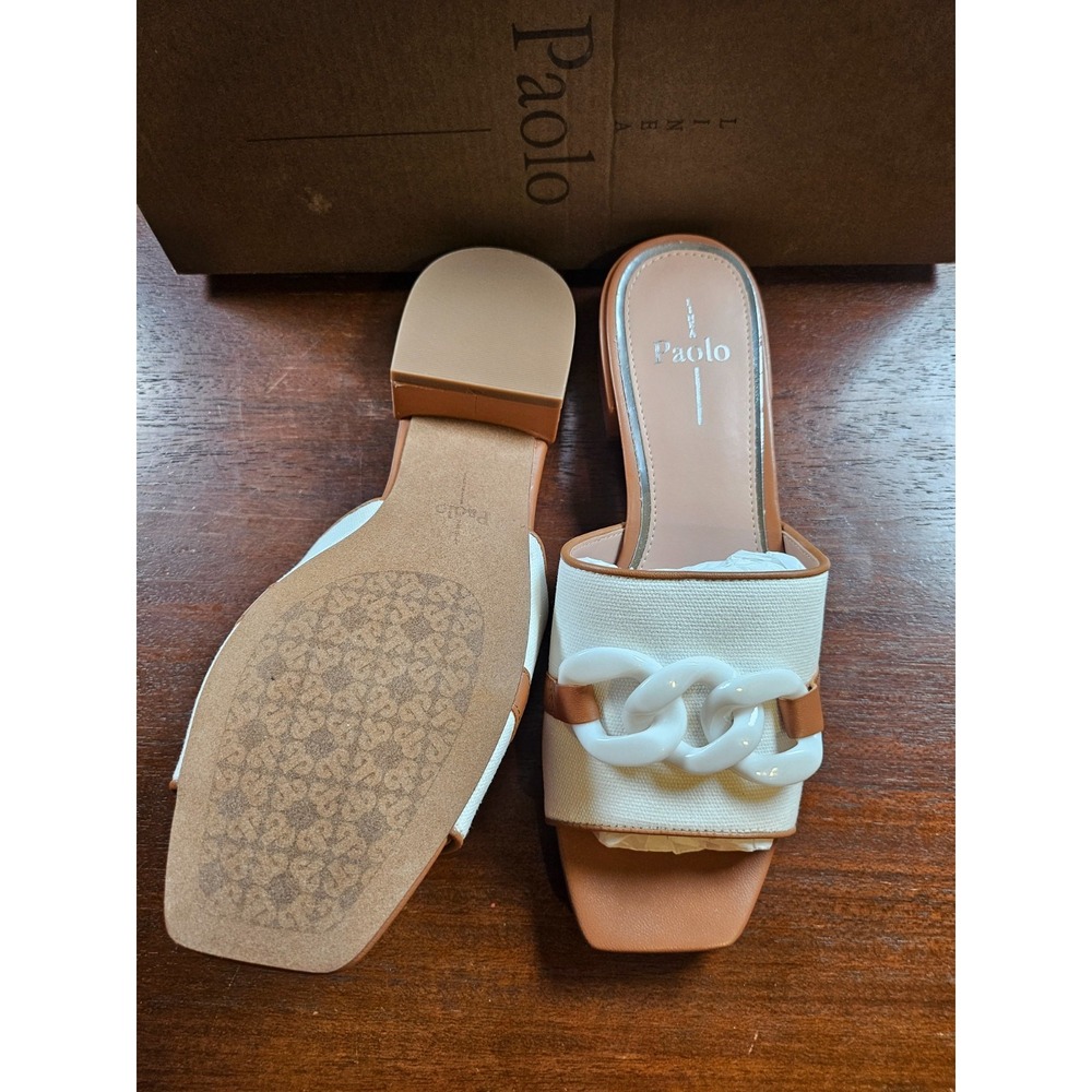 Paolo Linea Lido Rheal Leather W Chain Cream Cognac Slide Sandal Size 8 M NIB